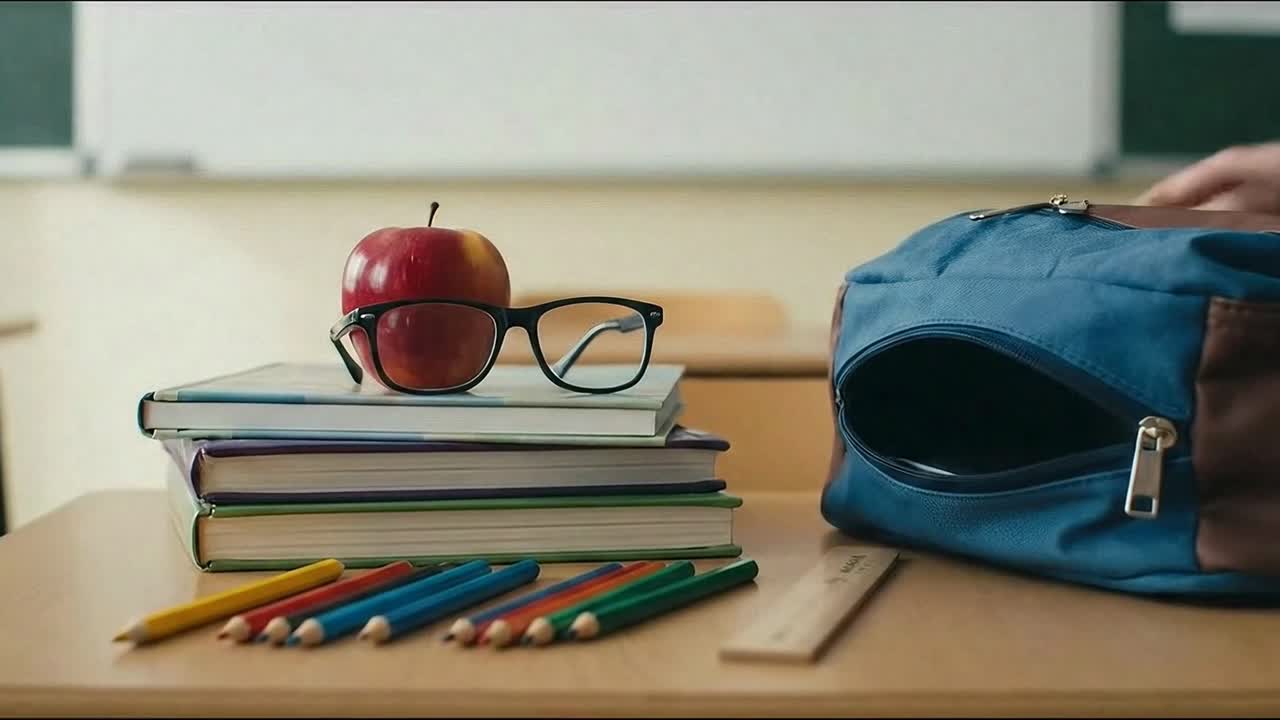 School Backpack and a Stack of Books on a Classroom Desk