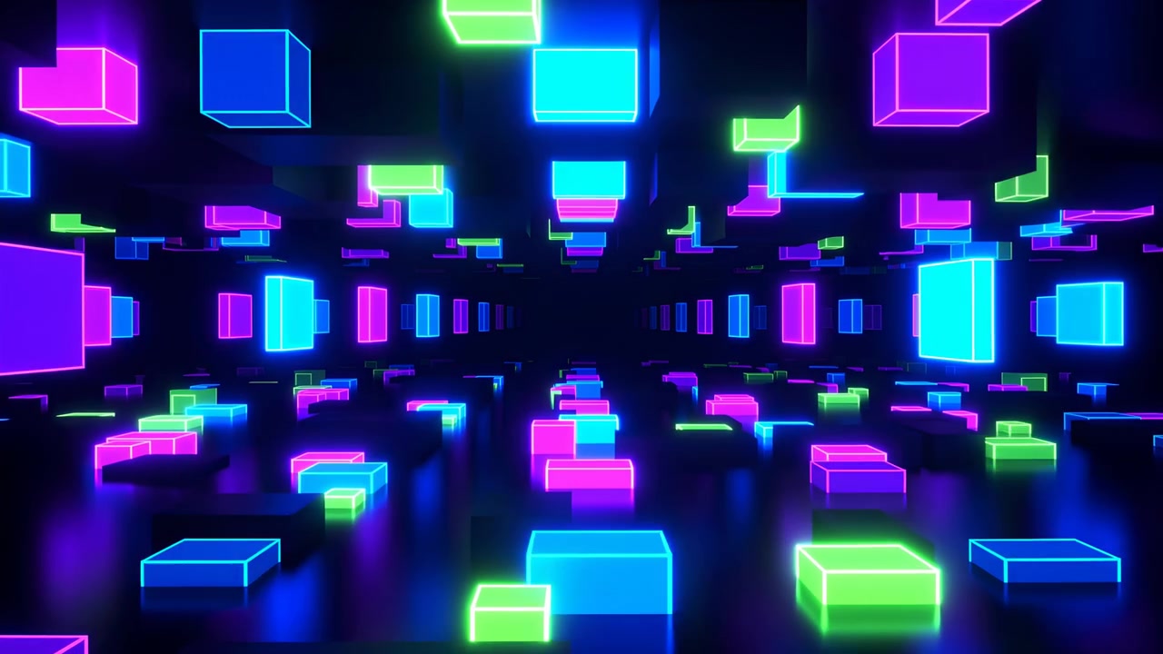 Schwebende leuchtende Würfel und rechteckige Blöcke füllen einen dunklen futuristischen Raum, mit lebhaften cyanfarbenen, magentafarbenen, grünen und violetten Lichtreflexionen, die eine elegante abstrakte Szene schaffen.