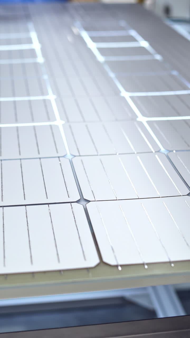 Automated factory equipment of energy device at work. Special machine makes new solar panels. Vertical video