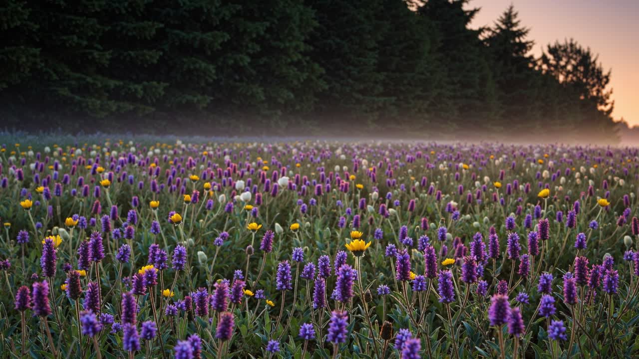 A vast field is adorned with a rich variety of wildflowers displaying shades of purple, yellow, and white. The sun slowly rises, casting a warm glow across the landscape while a thin layer of mist clings to the ground, creating a serene atmosphere. Tall trees form a dark backdrop, enhancing the beau
