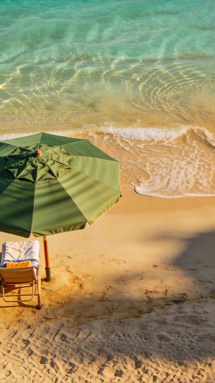 Video verticale: Onda che inizia con acqua blu che lambisce la riva, con ombrellone verde, sedia e asciugamano.
