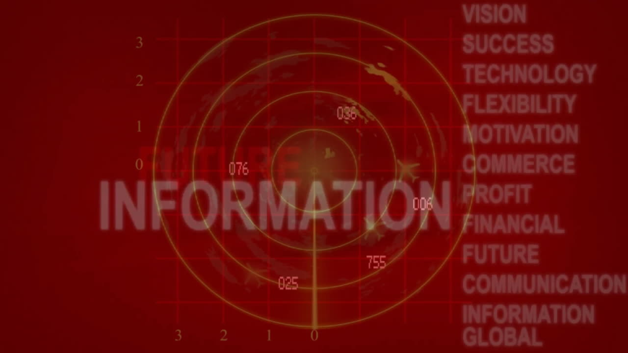 빨간색 배경에 회전하는 선과 텍스트를 가진 레이더 화면 애니메이션