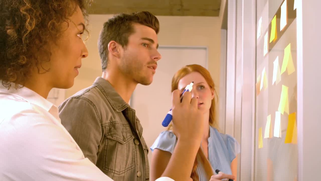 equipo creativo escribiendo notas en un tablero claro