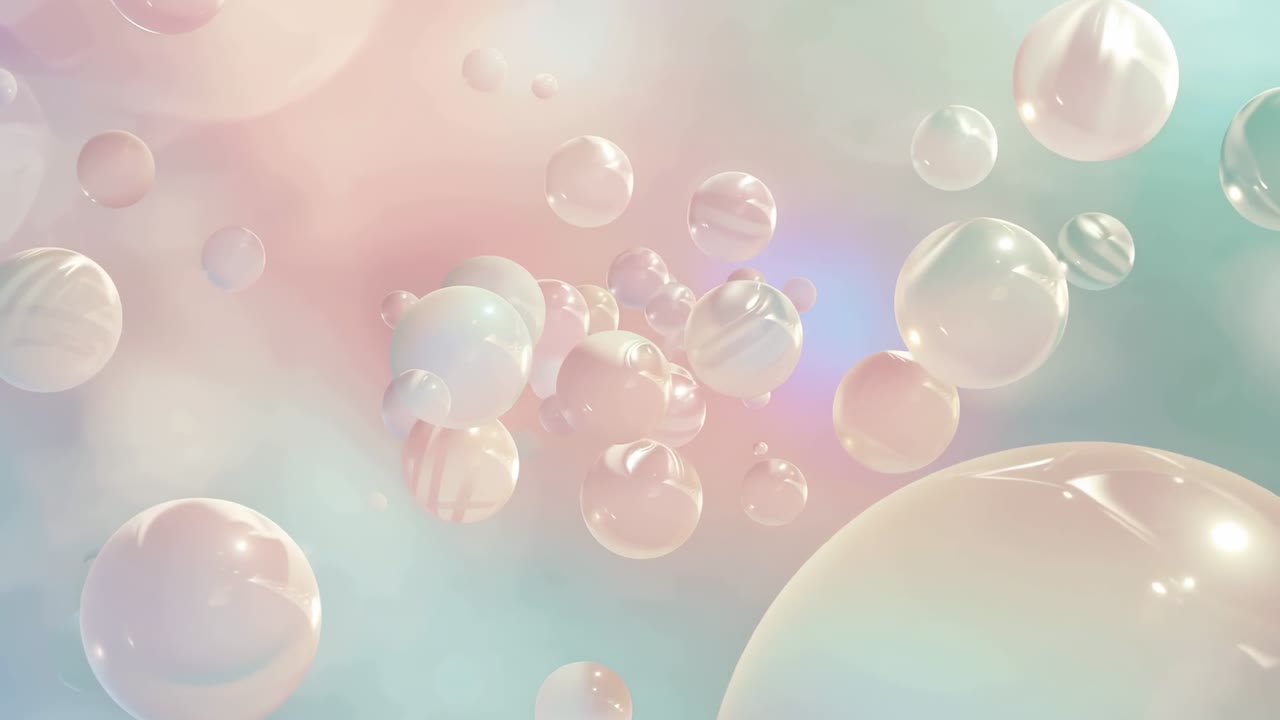 Drifting translucent spheres moving inward as camera approaching, settling into pastel gradient