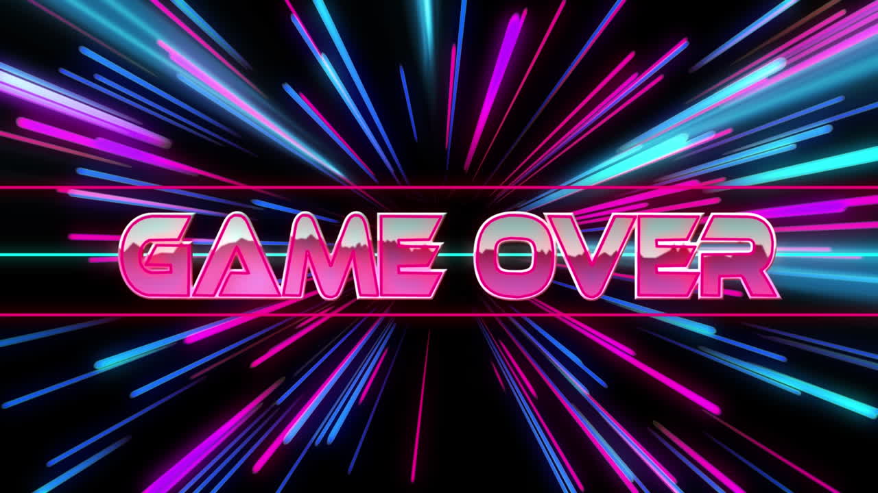 검은색 배경에 네온 조명 트레일 위에 텍스트 위에 게임의 애니메이션