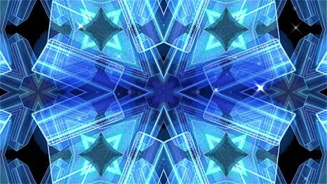 Animation-of-glowing-blue-kaleidoscopic-shapes-over-network-of-connections-and-data-processing