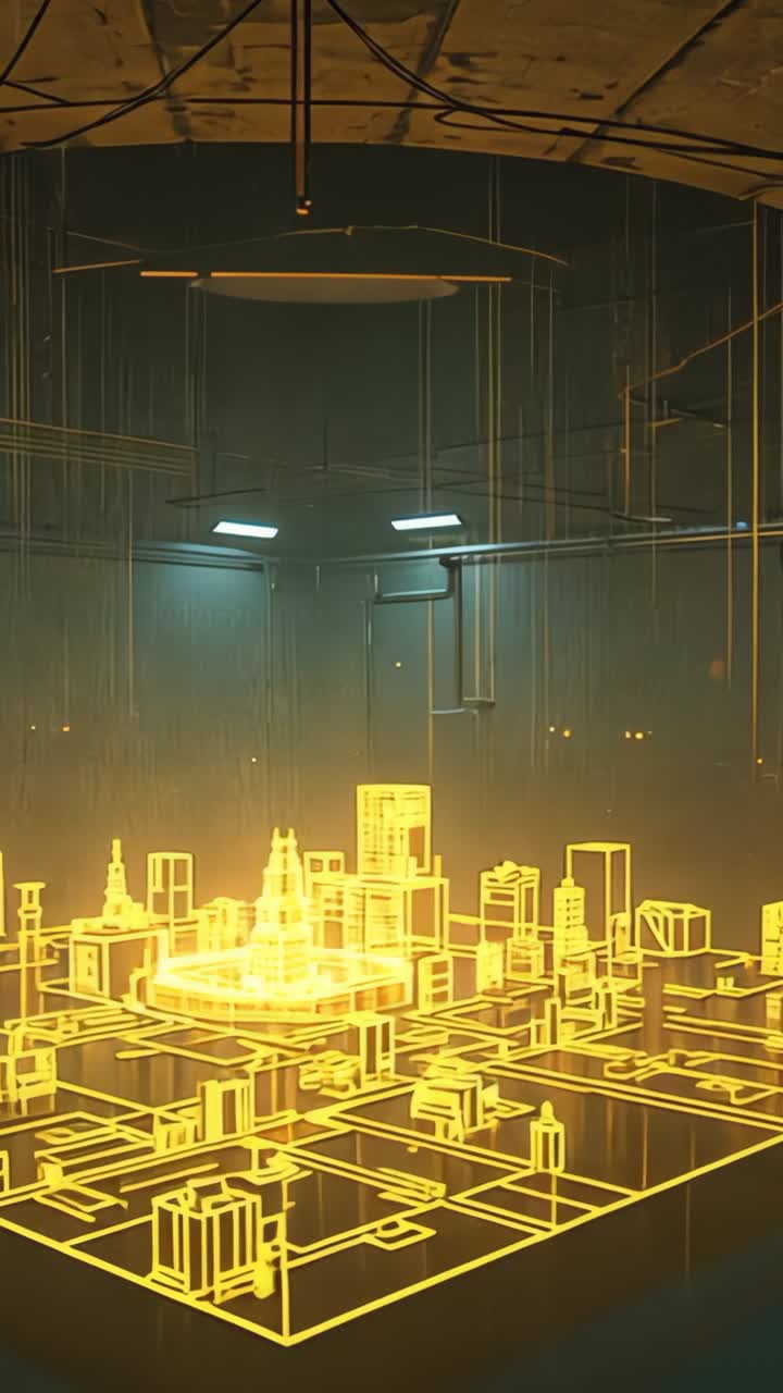Vertical video: Descending projector lens brightening hologram city model on table at factory