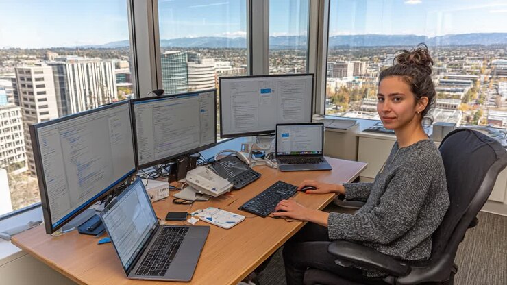 A Focused Professional Working at a Modern Desk Surrounded by Multiple Screens, Showcasing a Dynamic Tech Environment with a Captivating City View