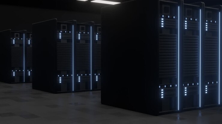 Animazione di luci intermittenti sui server nella sala server.