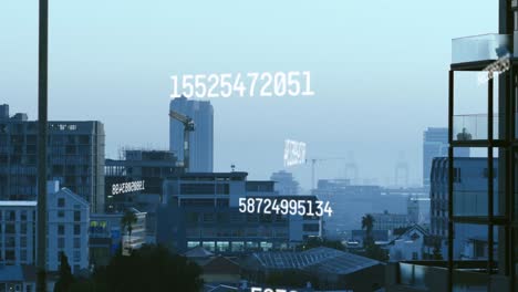 Animation-of-multiple-changing-numbers-against-aerial-view-of-cityscape