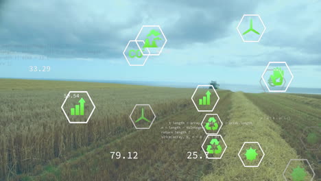 animación de procesamiento de datos agrícolas sobre cosechadora en el campo de trigo
