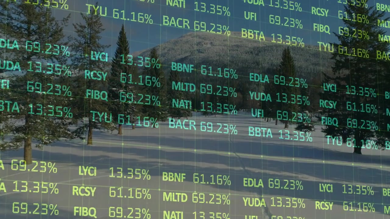 Datenfeed, der ein klares, nach oben scrollendes Ticker-Overlay erzeugt, das Kurse aktualisiert, um Marktdaten über Schnee anzuzeigen.