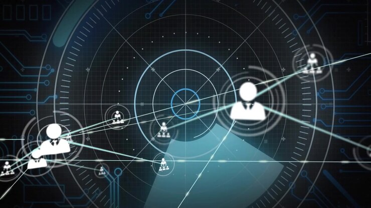 Avvio di una scansione blu, HUD del radar centrale in rotazione, icone utente che appaiono e si collegano, mappatura della rete