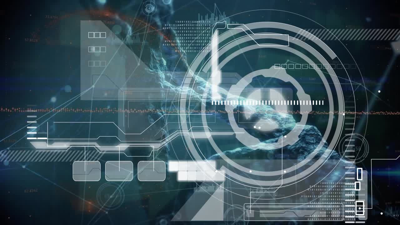 Animation of data processing and scope scanning over dna strand on black background