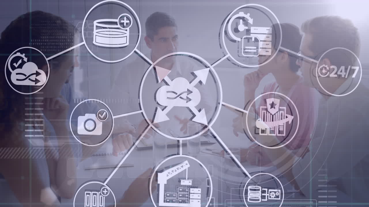 animación de una red de iconos digitales sobre diversos empresarios discutiendo en la oficina