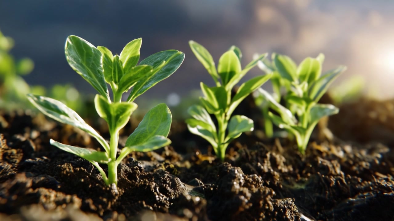 Plantas recém-brotadas emergindo de solo rico sob um céu brilhante, simbolizando crescimento, renovação e a beleza da natureza em sua forma mais plena