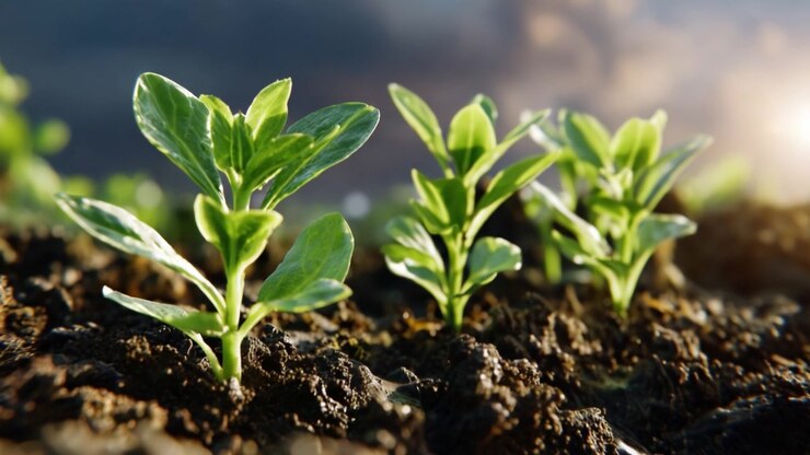 Newly Sprouted Plants Emerging from Rich Soil under a Bright Sky, Symbolizing Growth, Renewal, and the Beauty of Nature in its Fullest Form