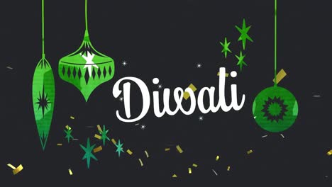 Animation-of-white-text-divali,-with-gold-confetti-and-hanging-green-decorations,-on-black