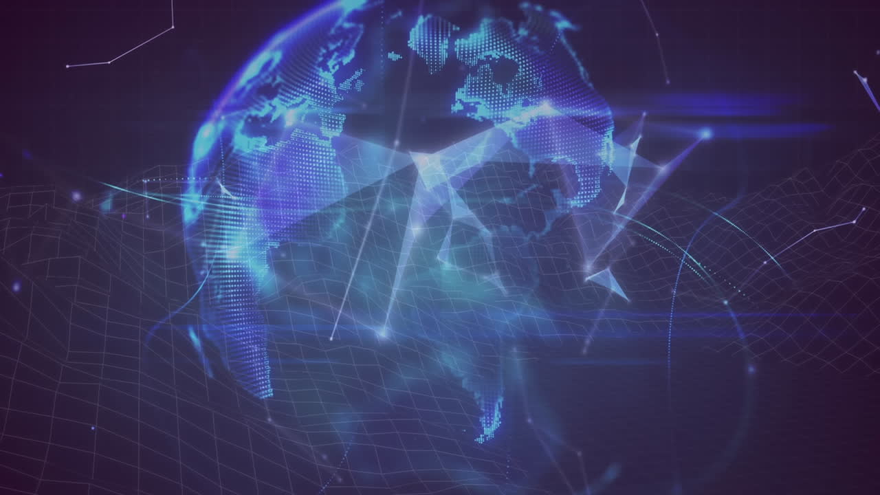 Animation of plexus network forming a globe and light trails against blue background