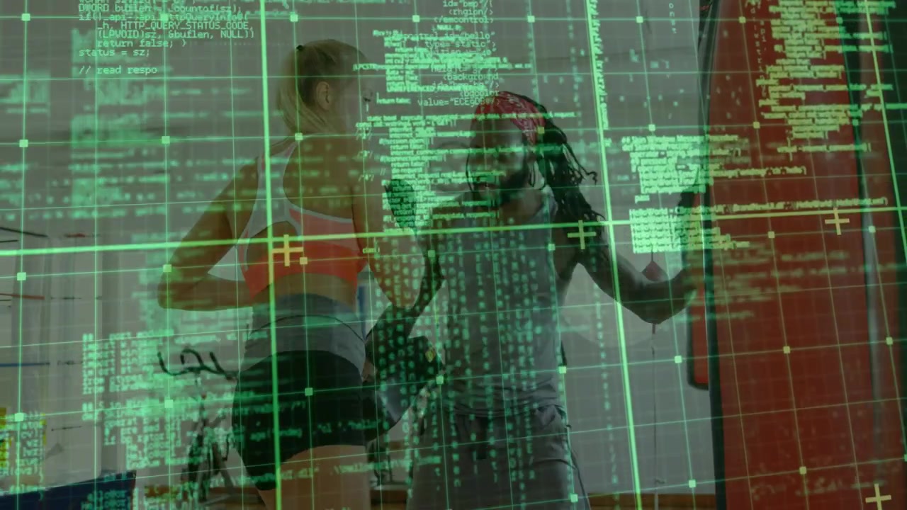 Gloved woman raising fists for boxing training, coach holding pads guiding, green grid overlaying