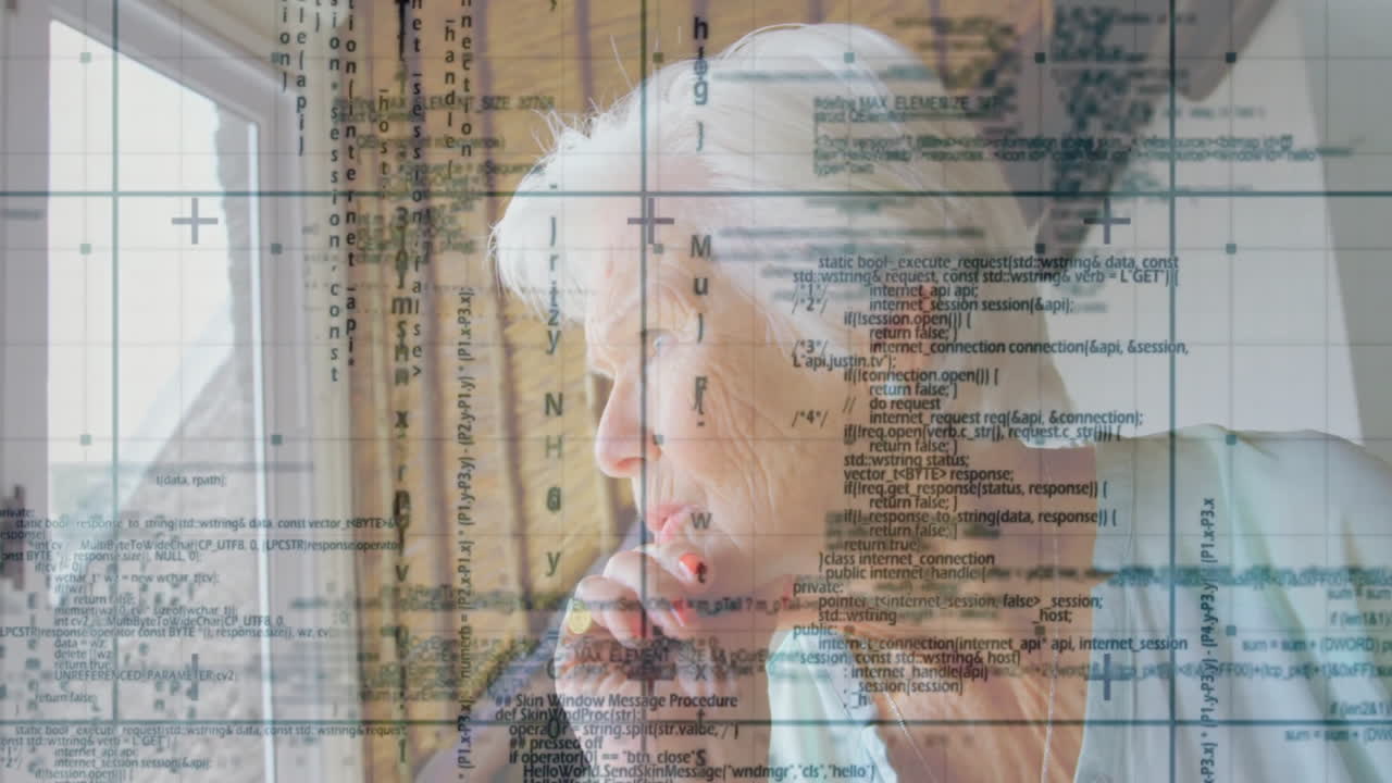 데이터 프로세싱에 대한 애니메이션 고위 백인 여성 생각