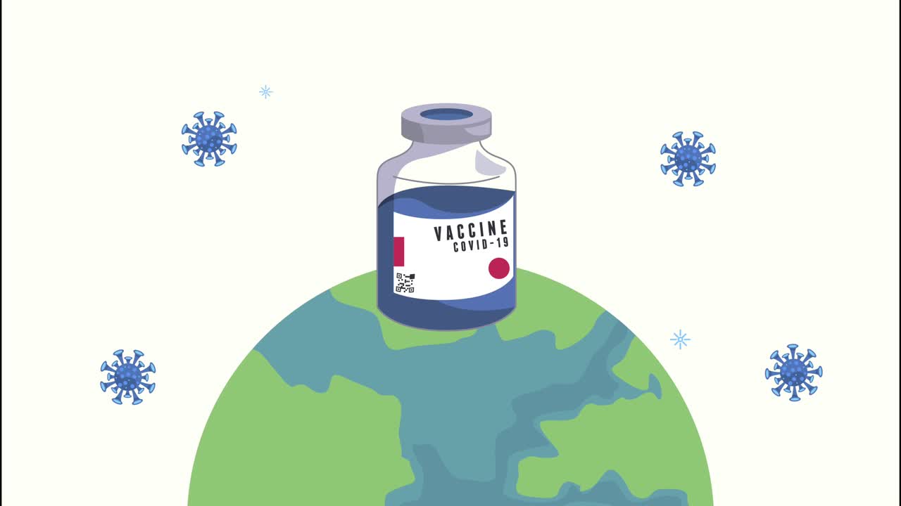 covid19 vaccine animation with vial in earth planet