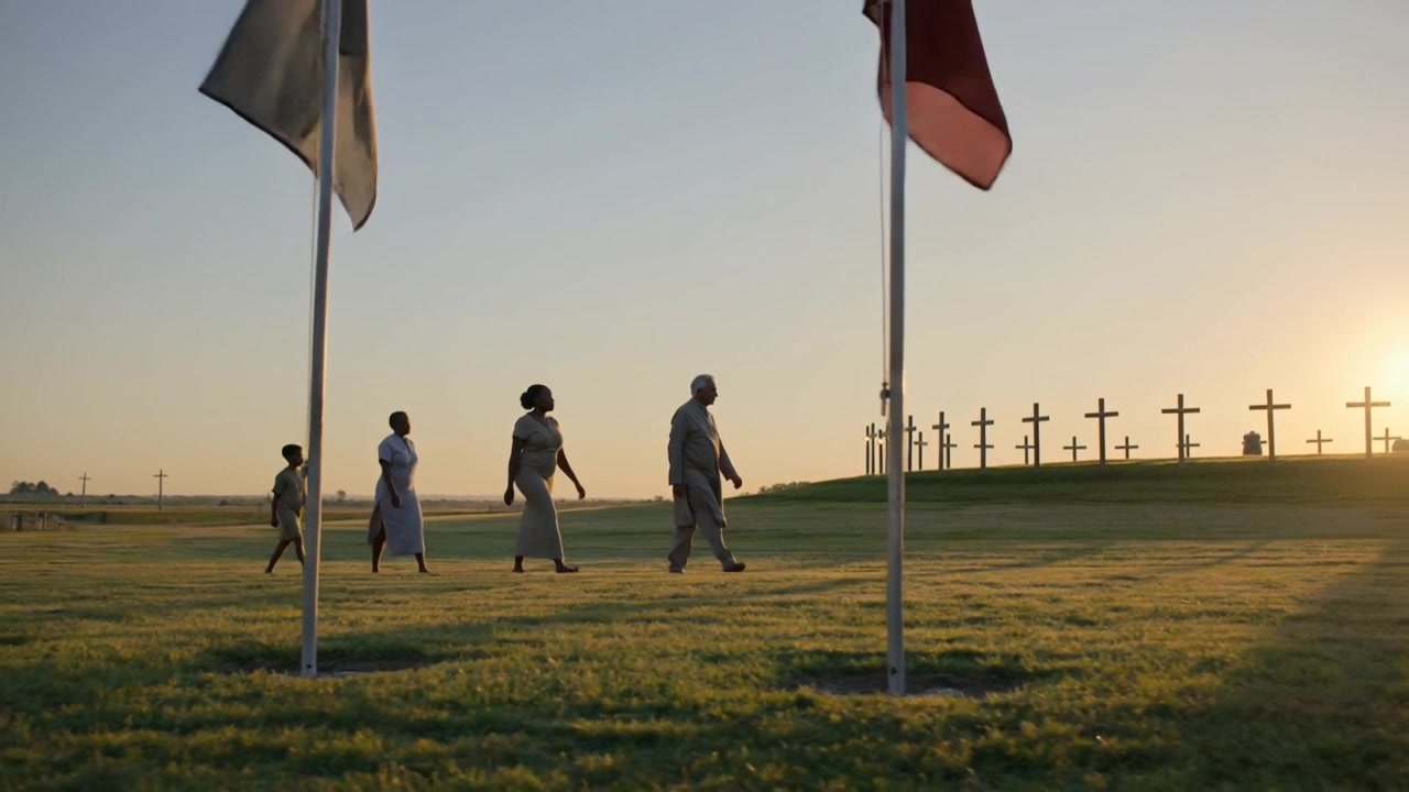 Entering family of four in modest dress walking toward memorial, honoring at sunset, flags, crosses