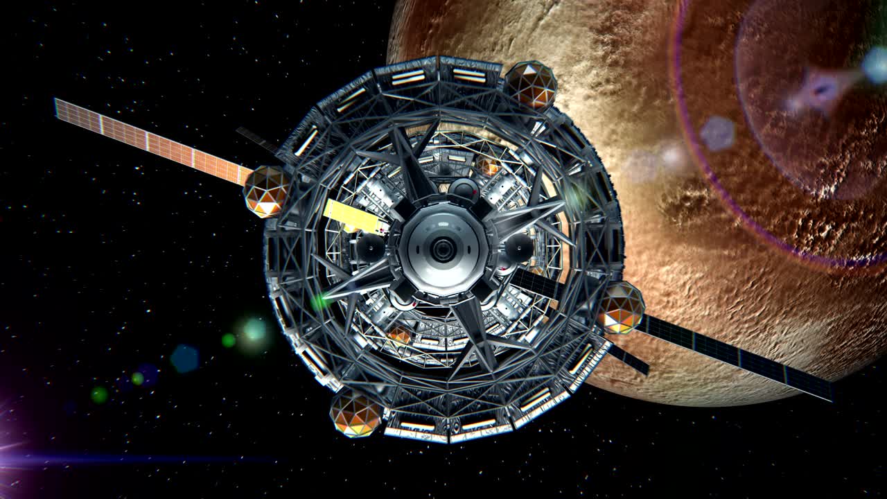 vista frontal de la nave espacial en el fondo de plutón