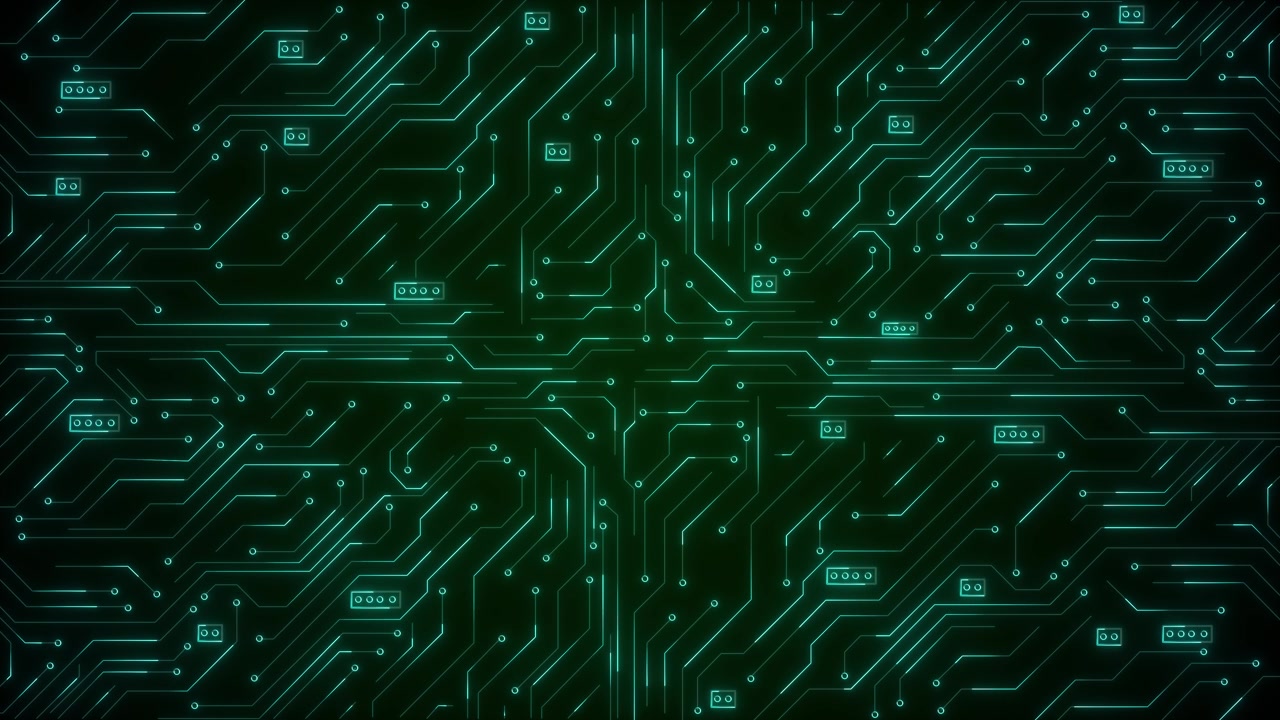 Green circuit board background glowing teal traces node points electronic pathways technology layout