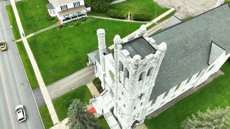 A-white-stone-gothic-catholic-church-in-new-England