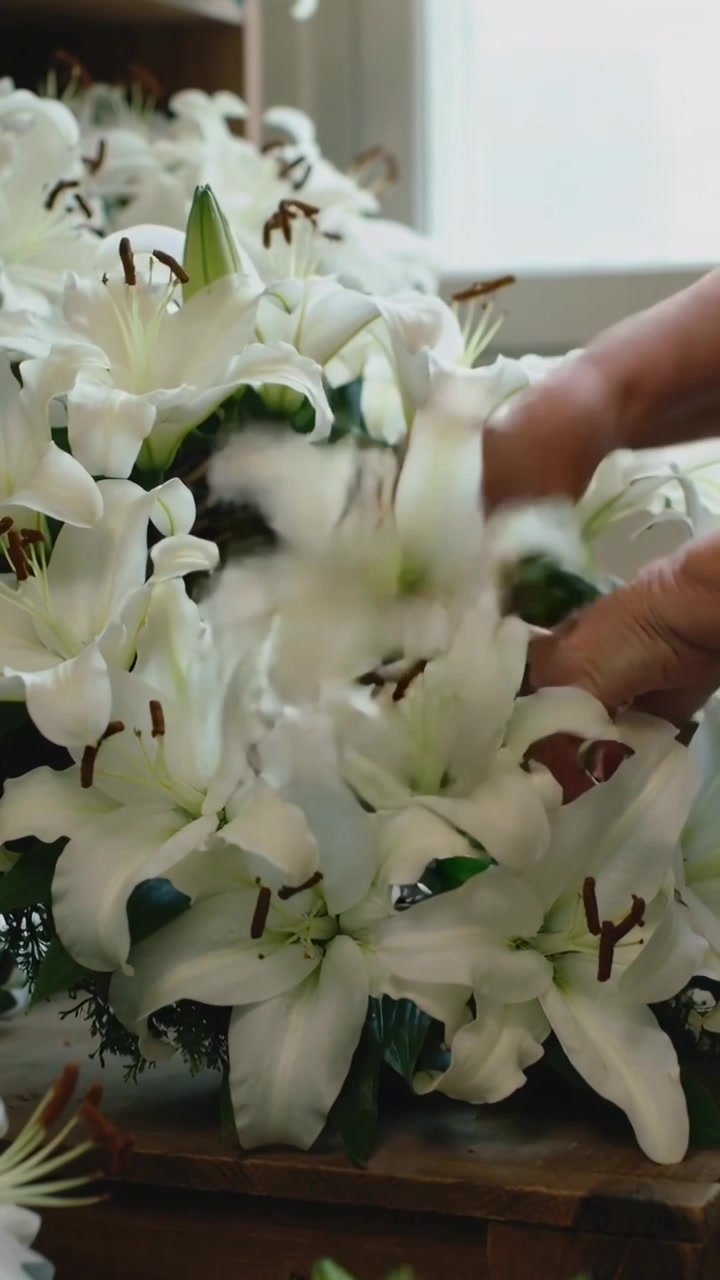 Video verticale: Fiorista a braccia nude che si protende dalla finestra, sistemando steli di giglio nel cesto per bilanciare.