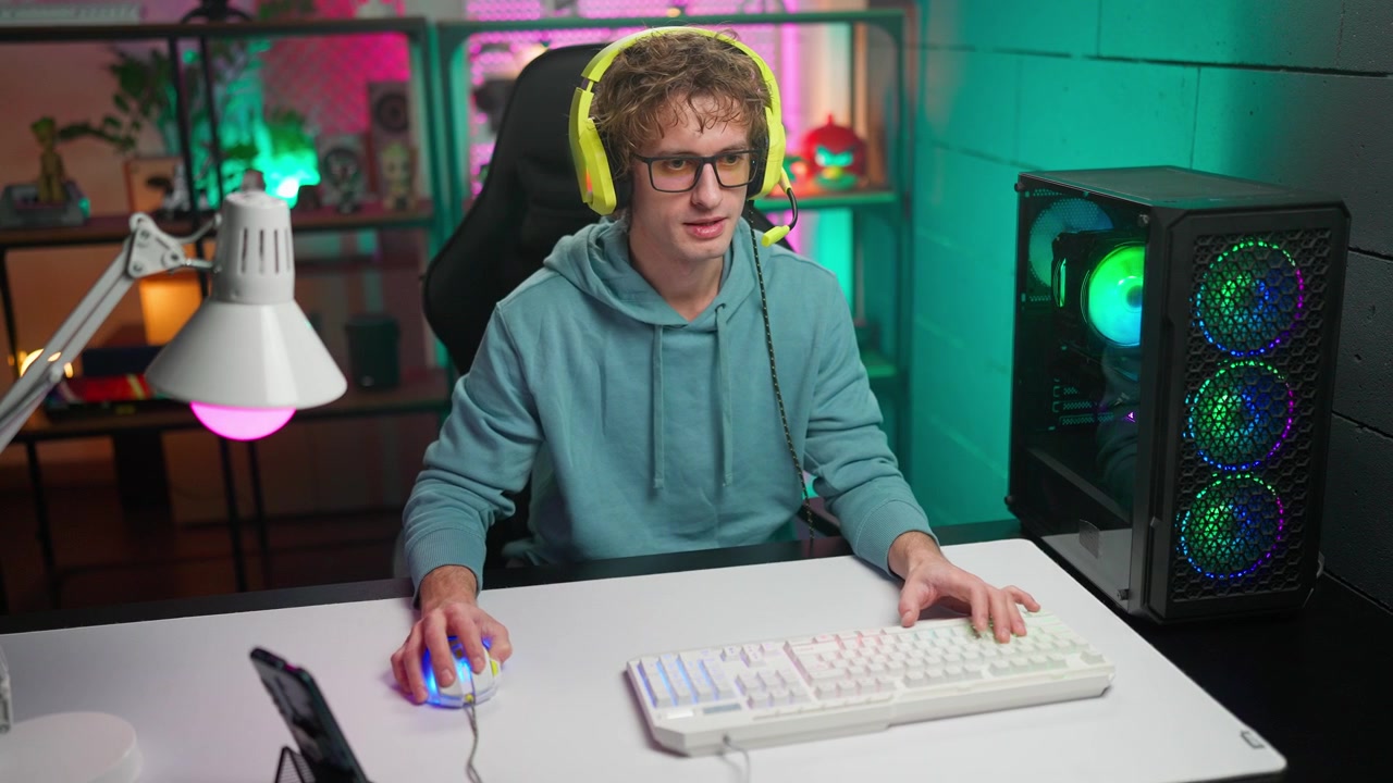 Young Man Playing Video Games with Headset in Neon Lit Room