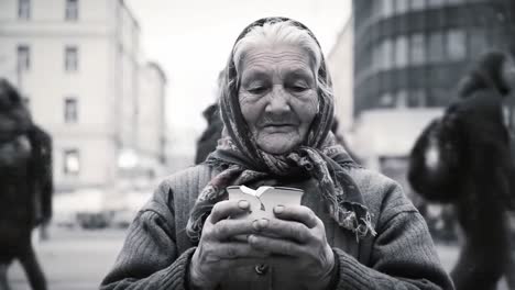 an elderly woman holding a cup with a gentle smile, surrounded by the bustling city life, capturing a serene moment amid the hurried movement of modern urban existence.