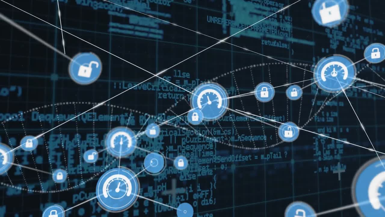 Animation of network of connections with icons and data processing over dna strand