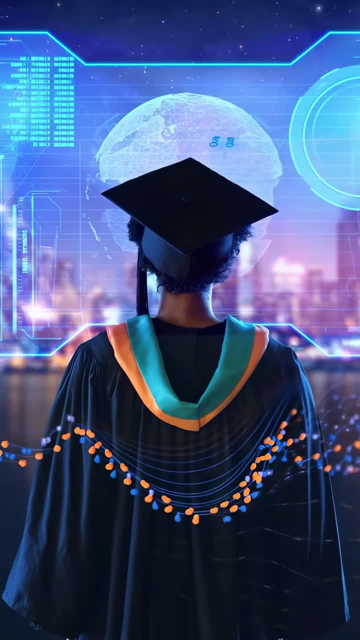 A graduate in cap and gown faces a futuristic digital world, viewed ...