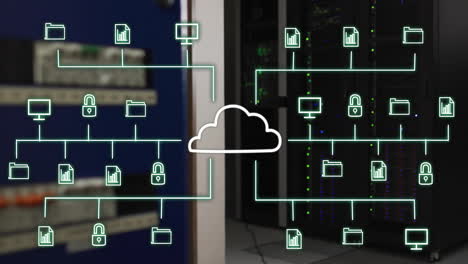 rete di cloud computing animata sullo sfondo della sala server