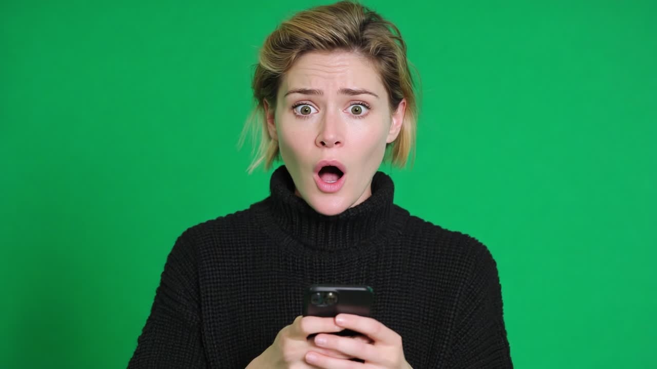 A Surprising Transformation: From Shock to Joyful Reaction in a Green Screen Video Segment Featuring an Engaging Expression While Using a Smartphone