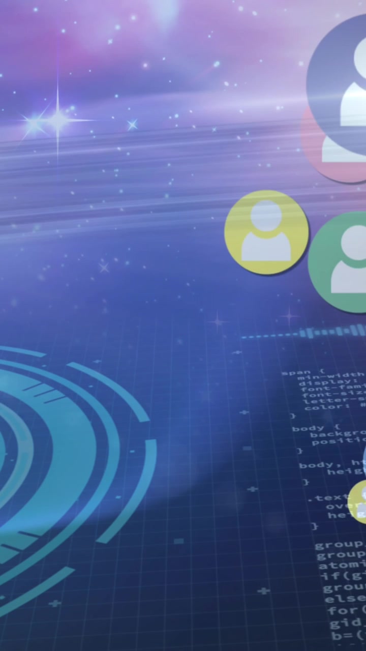 Animation of multiple profile icons floating over round scanner and data processing against space