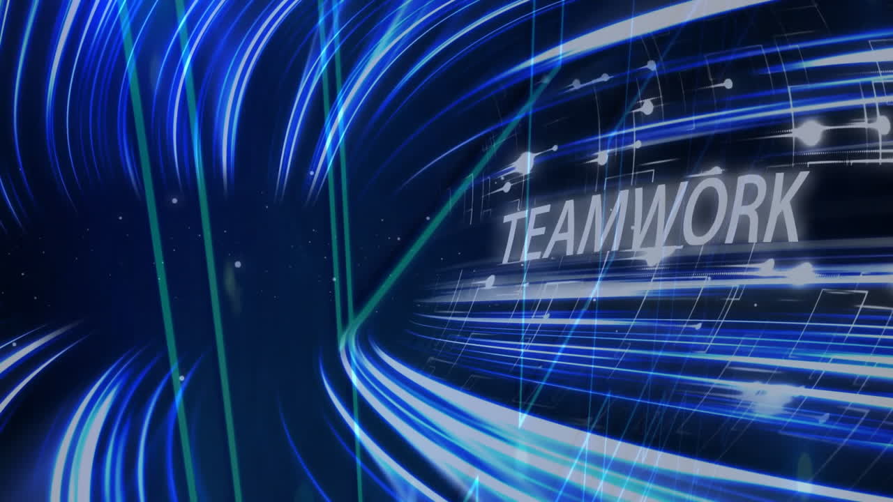 Teamwork text animation over blue and white swirling lines and digital elements