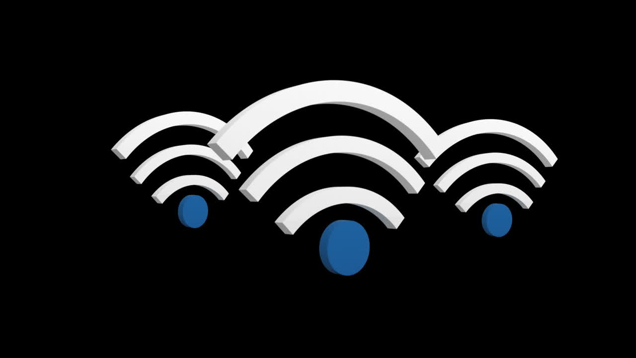 animación de iconos wifi y procesamiento de datos en fondo negro