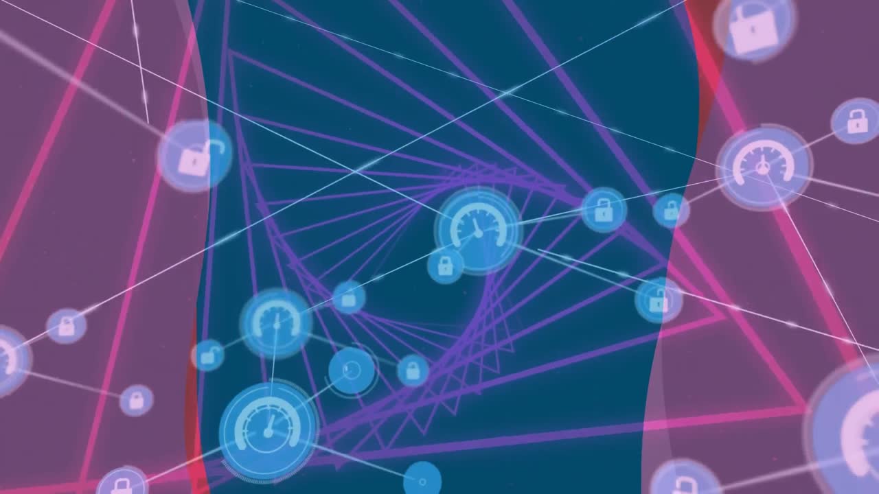 animación digital de una red de iconos digitales sobre un túnel de neón brillante contra un fondo azul