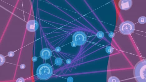 Digitale-Animation-Eines-Netzwerks-Digitaler-Symbole-über-Einem-Leuchtenden-Neontunnel-Vor-Blauem-Hintergrund
