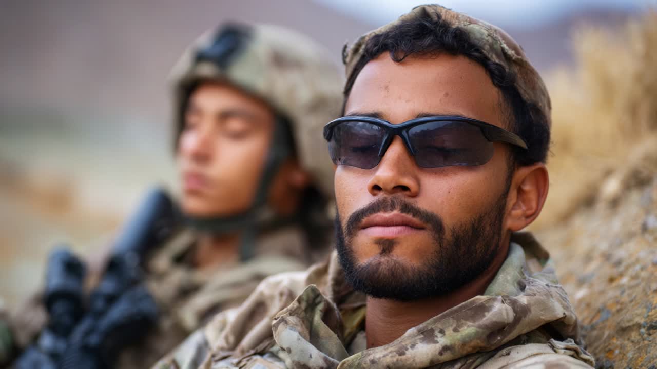 A soldier in a tactical military setting sits relaxed in a jacket, showcasing determination and focus while wearing protective sunglasses, alongside a fellow soldier during a quiet moment in a demanding environment