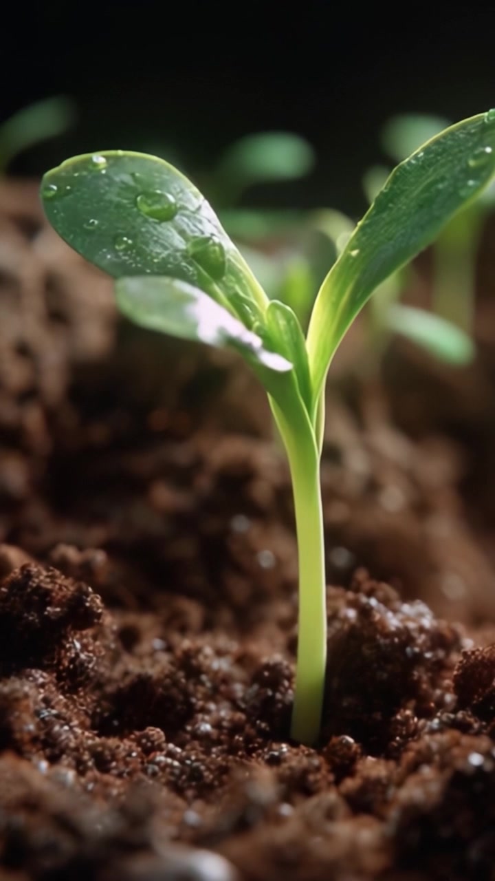 Un Primo Piano di una Giovane Pianta Verde che Germoglia da un Terreno Scuro e Fertile, Scintillante di Goccioline d'Acqua, Rappresentando Nuova Vita e Crescita nella Natura
