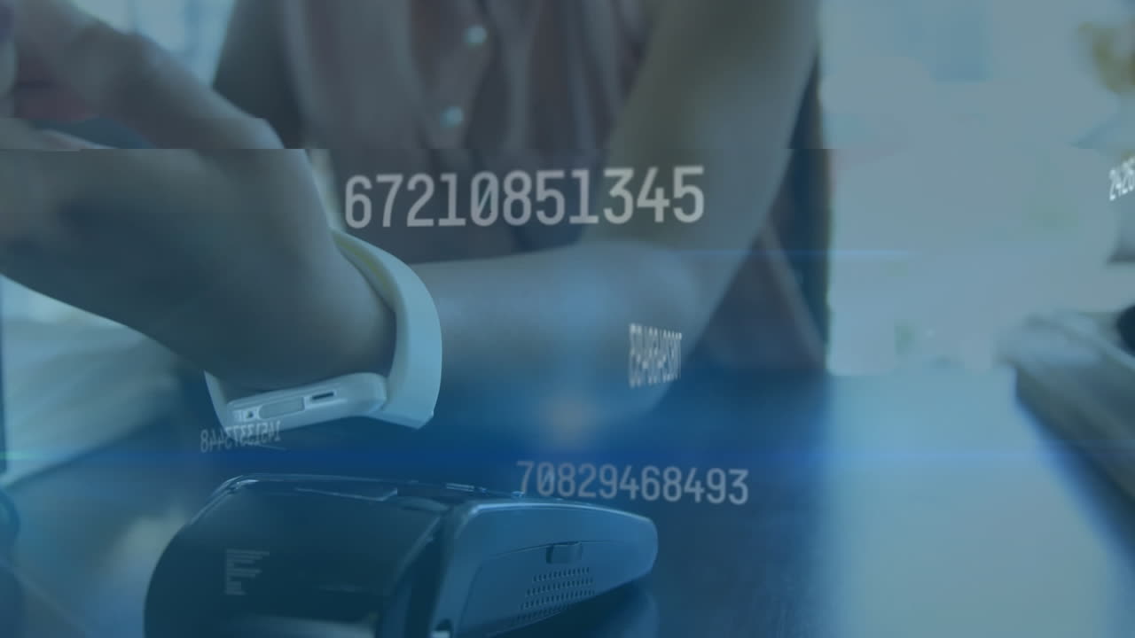 Animation of changing numbers over asian woman using cellphone and paying bill through smartwatch