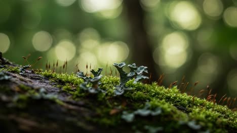 a close-up exploration of lush green moss and intricate lichens on a tree log surrounded by a soft, dreamy nature background with bokeh effects
