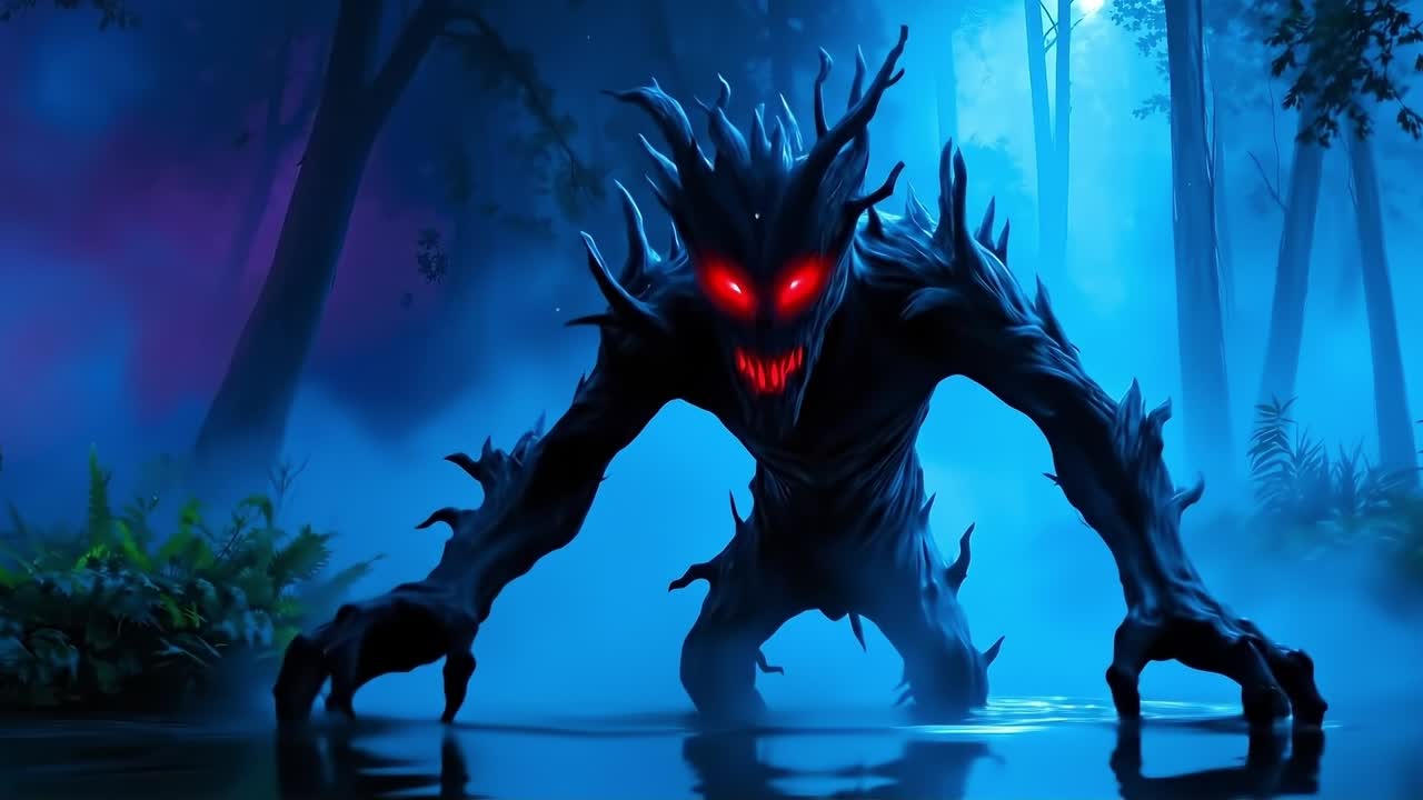 A demonic creature with red eyes in the woods