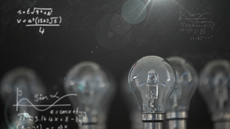 Animation of light bulbs and scientific formule data processing