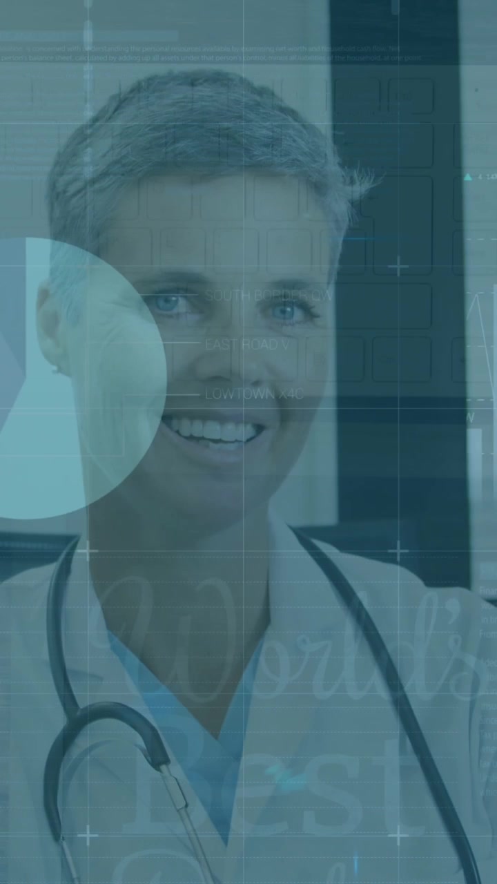 Animazione di elaborazione dati statistici su sfondo di dottoressa caucasica che sorride in ospedale