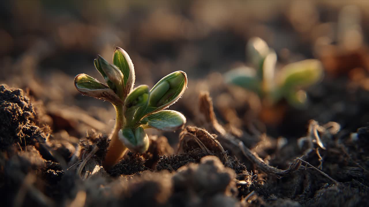 Surgimiento de nueva vida: Cautivador primer plano de brotes de plántulas surgiendo de tierra fértil bajo la suave calidez de la luz solar, significando crecimiento y renovación.